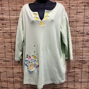 Quacker Factory Lime‎ Green Lemon Pitcher Embroidered Top 1X Picnic Citrus Fruit